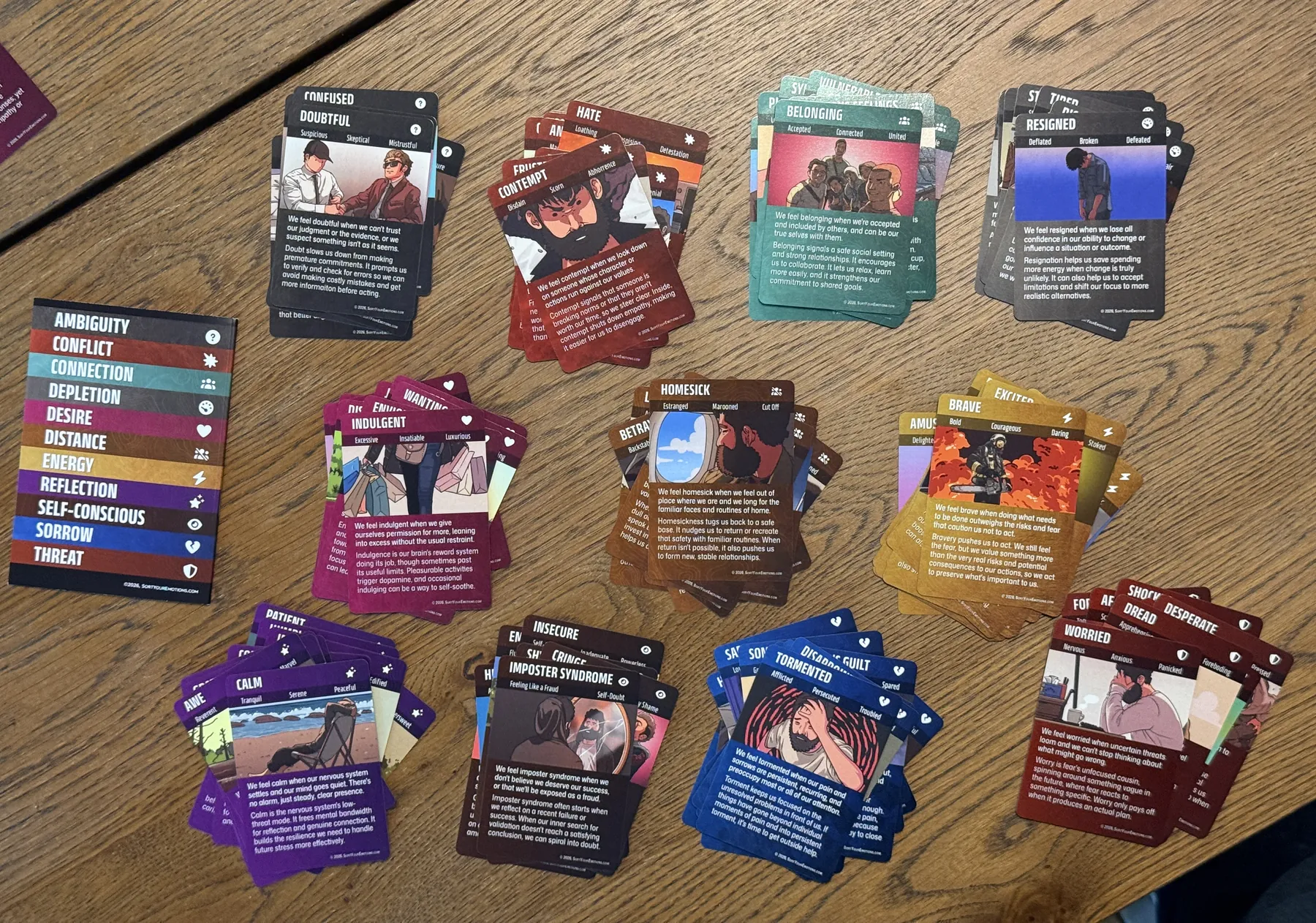 The full deck fanned out on a table in eleven color-coded piles, one per category, next to the category reference card